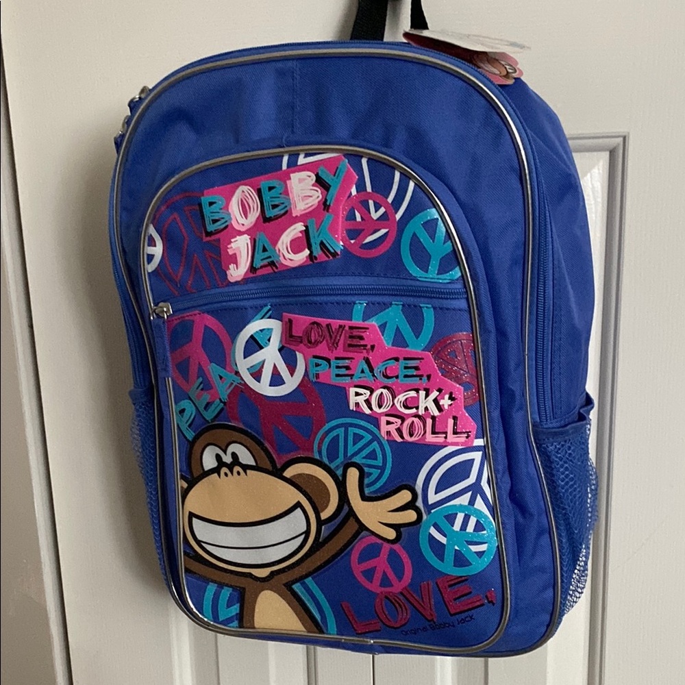 Bobby Jack Blue Backpack 2000s Peace Sign Graphic Monkey Retro Y2K NWT
